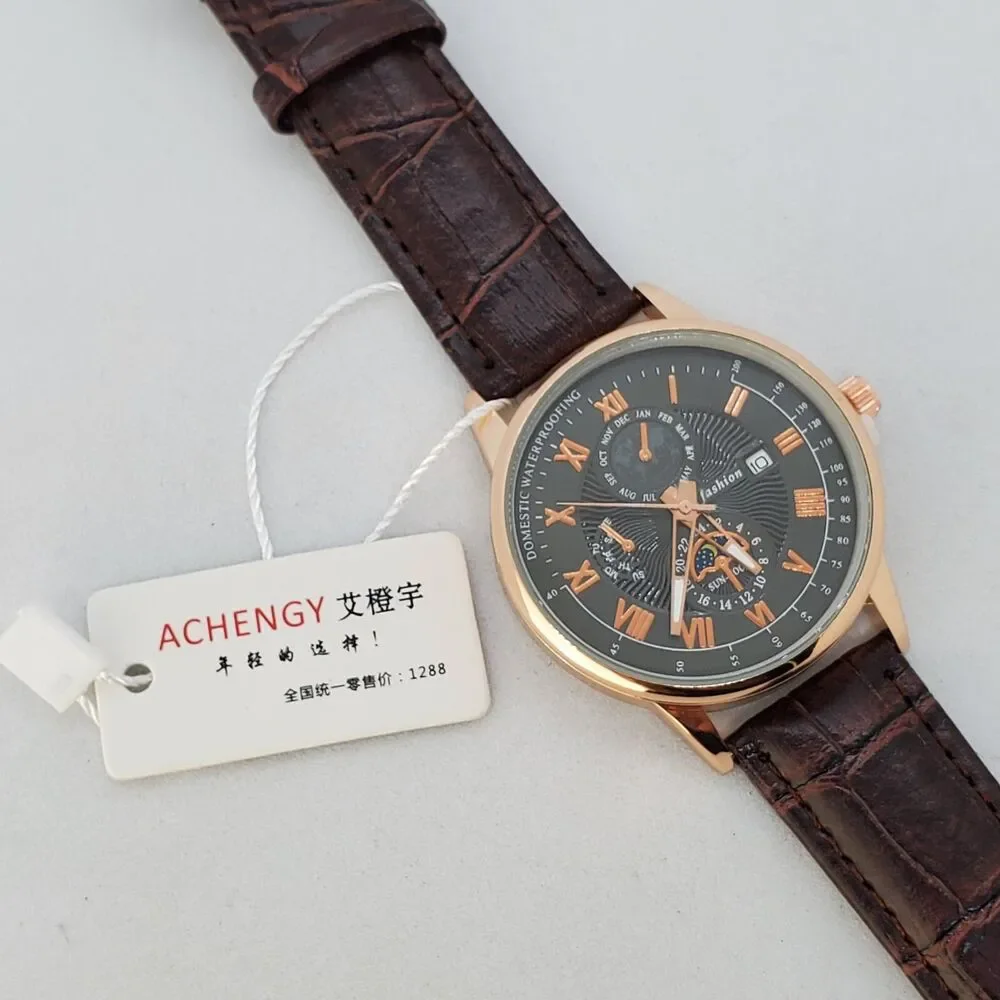 40MM Men's Watch Gold Case Black‎ Dial Brown Leather Bands Roman Numerals Date